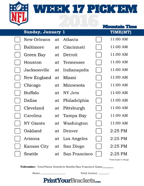 Week 17 Printable Nfl Schedule