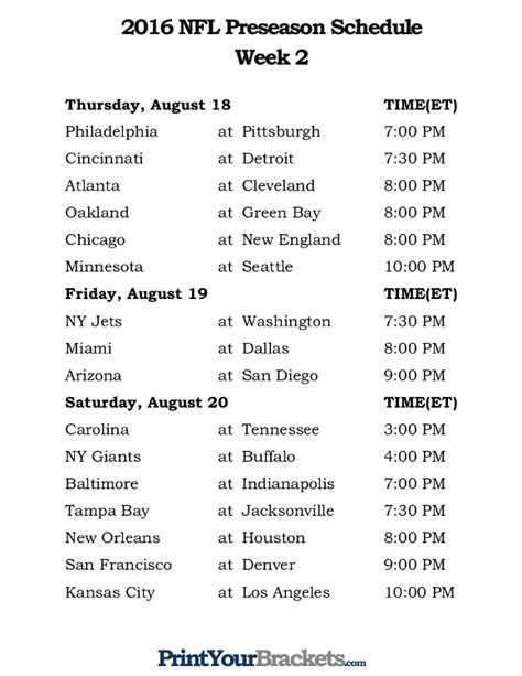 Week 2 Nfl Printable Schedule