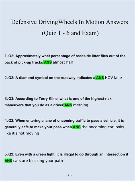 Wheels In Motion Defensive Driving Quiz Answers Reader