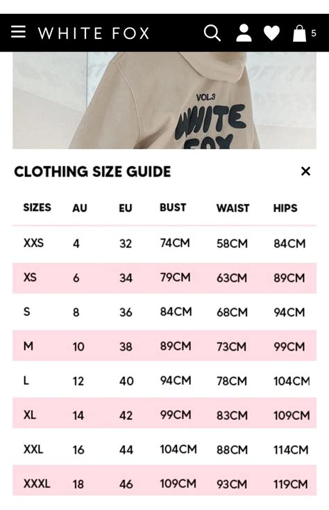 White Fox Hoodie Size Chart