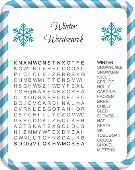 Winter Holiday Word Search Printable