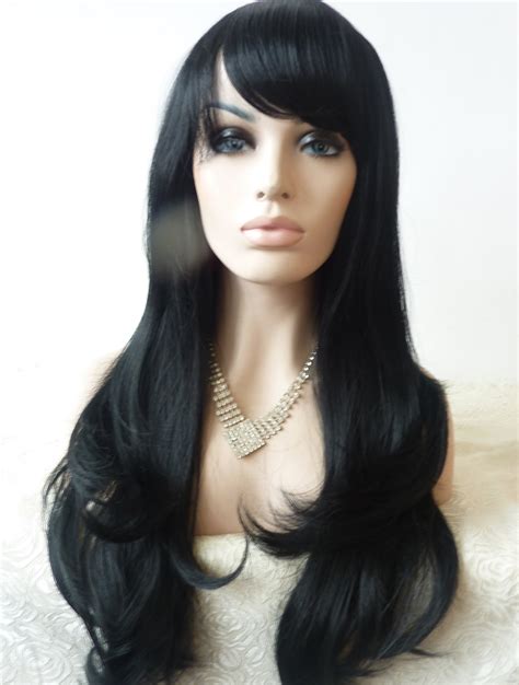 With Bangs 23" Wavy Black Long Lace Front Synthetic Wigs