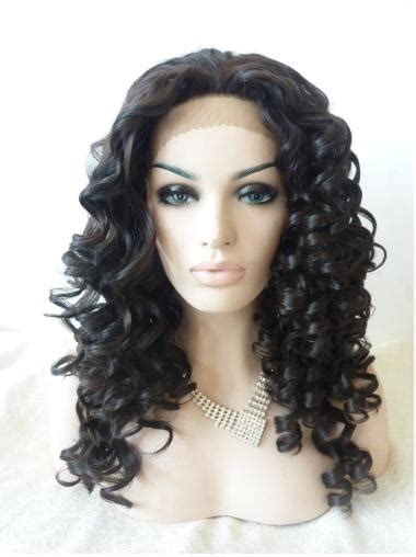 Without Bangs 17" Curly Black Shoulder Length Lace Front Synthetic Wigs