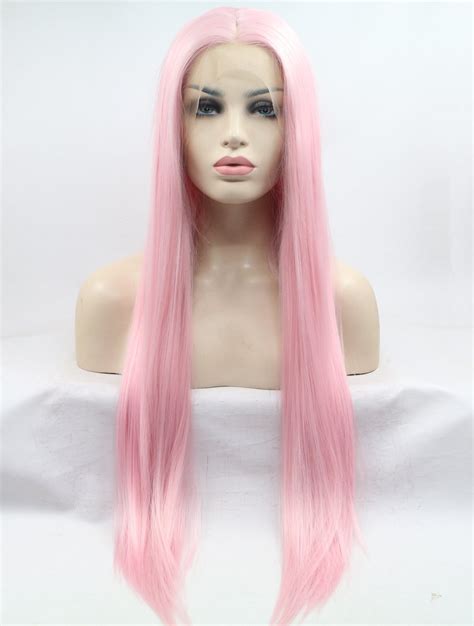 Without Bangs 30" Straight Pink Long Lace Front Synthetic Wigs