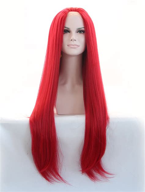 Without Bangs Red 33" Straight Long Lace Front Synthetic Wigs