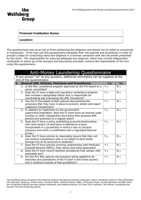 Wolfsberg Group Questionnaire: Your Ultimate Guide to Anti-Money Laundering Compliance