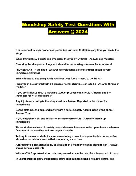 Woodshop Safety Test Answers PDF