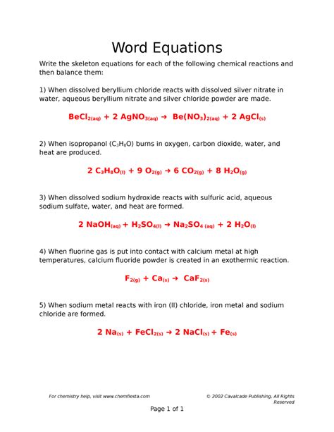 Word Equations Worksheet Answer Key PDF