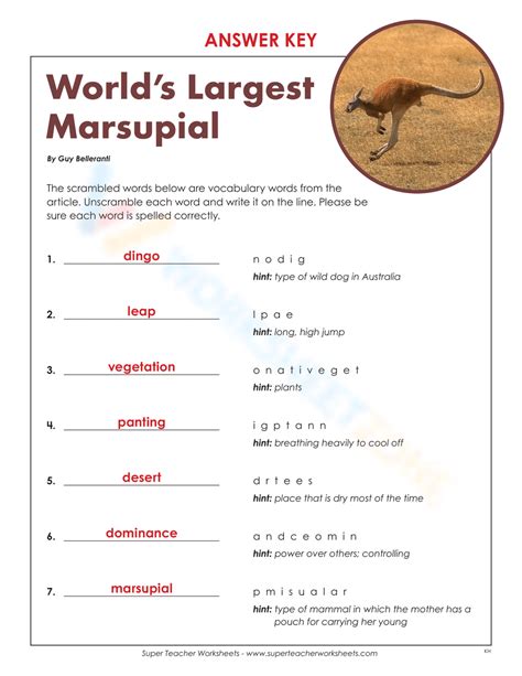 Words Largest Marsupial Answer Key Doc