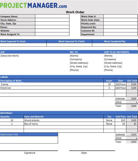 Work Order Template Excel