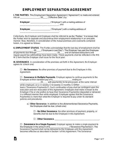 Work Separation Agreement Template