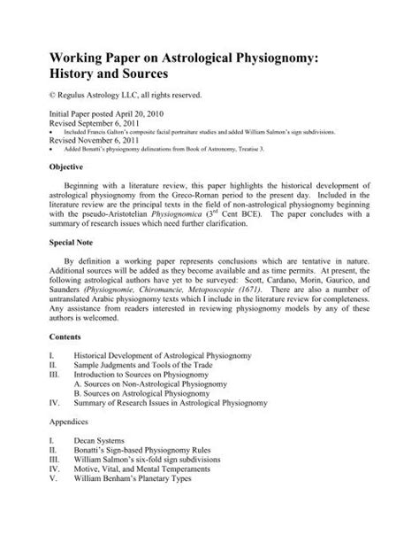 Working Paper On Astrological Physiognomy History And Sources 621385 PDF Doc