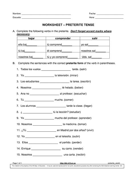 Worksheet 2 Ar Verbs In The Preterite Answers Doc