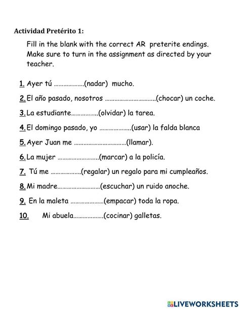 Worksheet 2 Ar Verbs In The Preterite Answers Doc