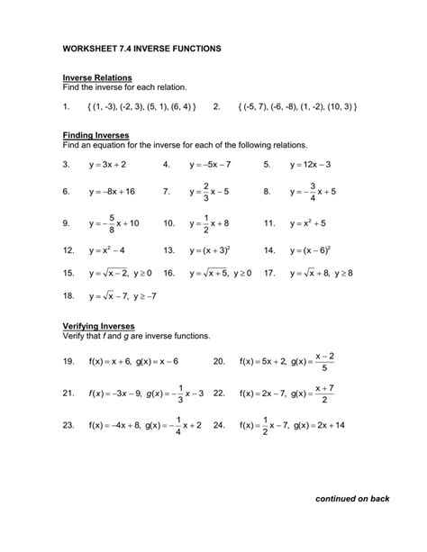 Worksheet 74 Inverse Functions Answers Doc