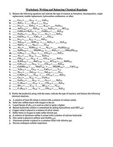 Worksheet Writing And Balancing Chemical Reactions Answer Key PDF