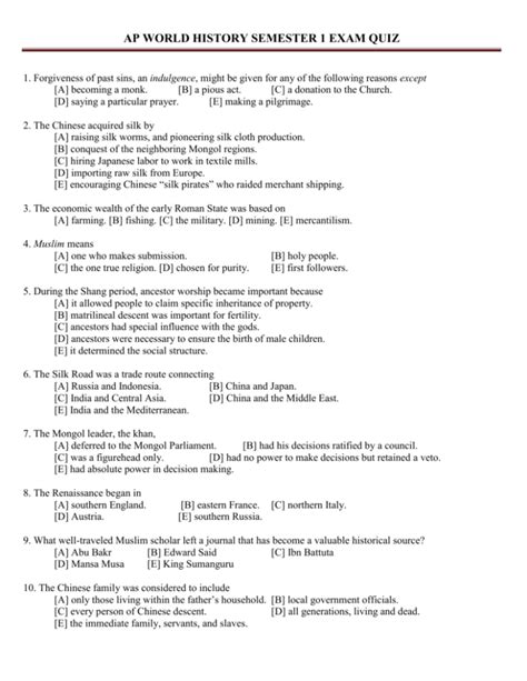 World History Semester 1 Exam Answers Epub