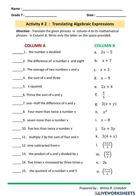 Writing Algebraic Expressions Answers Reader