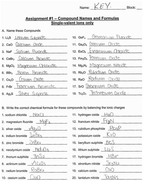 Writing Naming Binary Compounds Worksheet Answer Key Doc