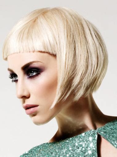 Young Fashion Platinum Blonde Short With Bangs Mono Human Wigs