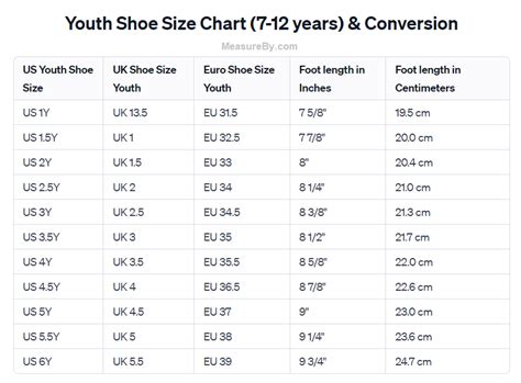 Youth Size Shoes Chart
