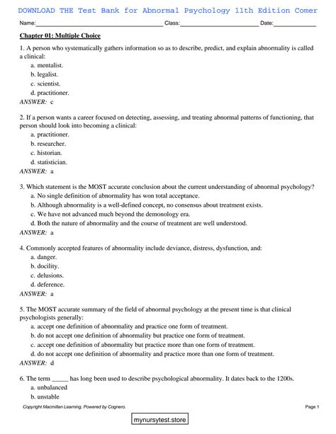abnormal psychology comer test bank Reader