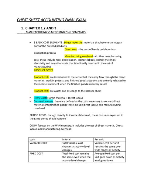 accounting test cheat sheet Doc