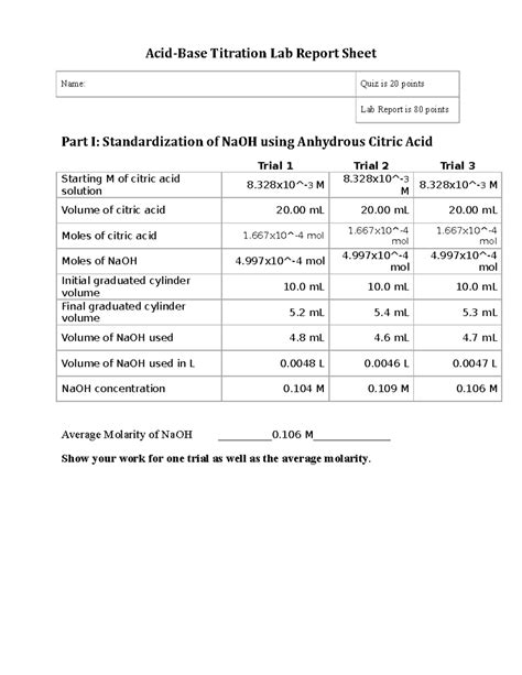 acid base titration lab report answers