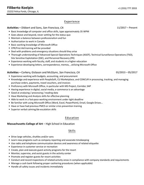 activities to put in resume