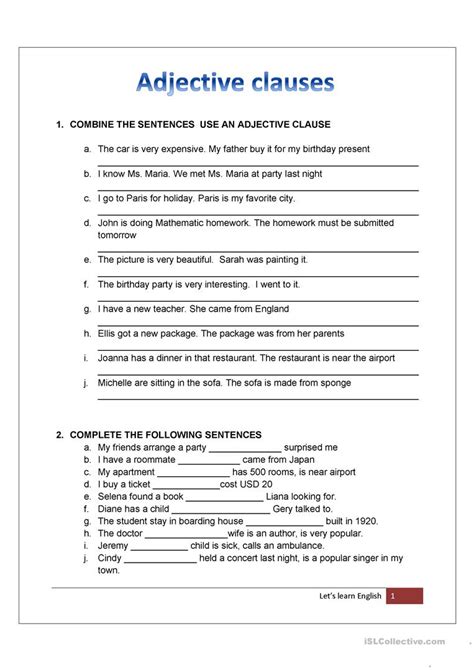 adjective clause worksheet with answers Doc