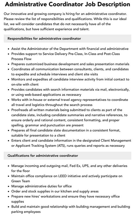 administrative coordinator job description