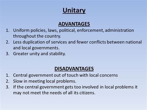 advantages and disadvantages of a unitary government