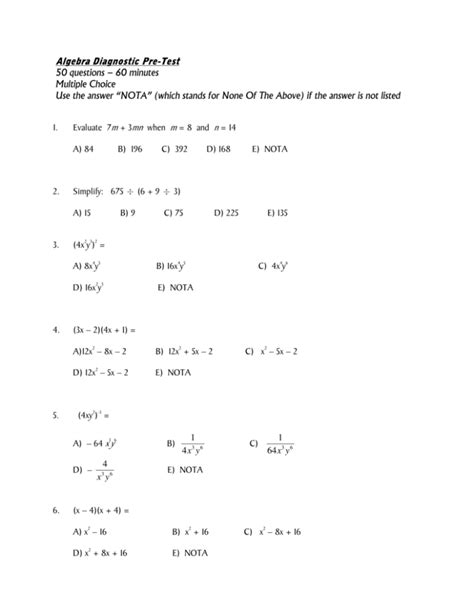 algebra 1 pretest with answers Doc
