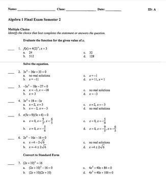 algebra 1 second semester exam study guide PDF