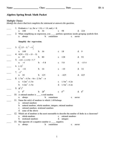 algebra 1 spring break packet 2014 answers Reader