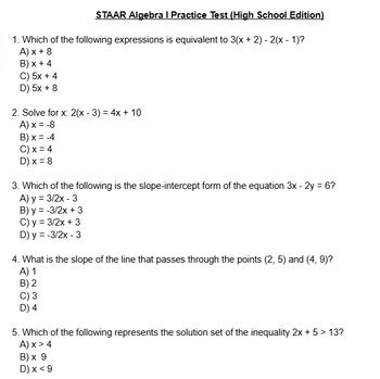 algebra 1 staar practice test answer key Kindle Editon