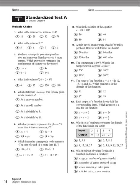 algebra 1 stardized test practice answers Reader