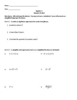 algebra 1 summer packet answers Doc