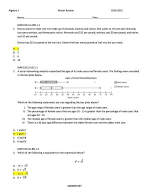 algebra 1 winter review 2014 2015 answer key Doc