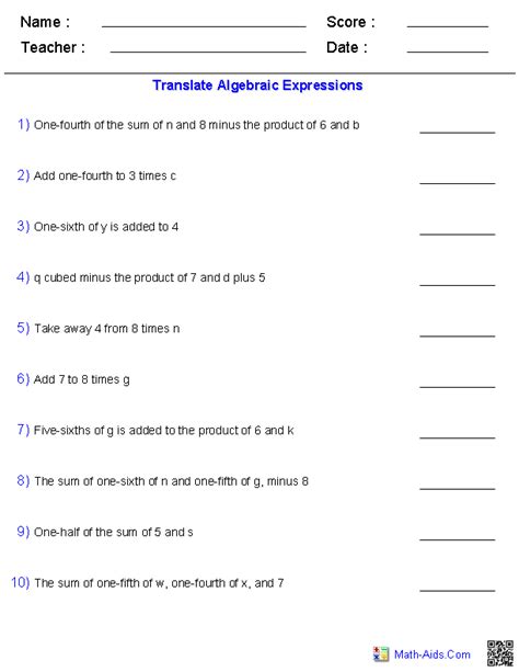 algebra 1 worksheet 15 translating expressions answers PDF