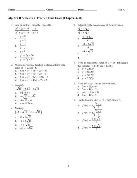 algebra 2 final exam practice test