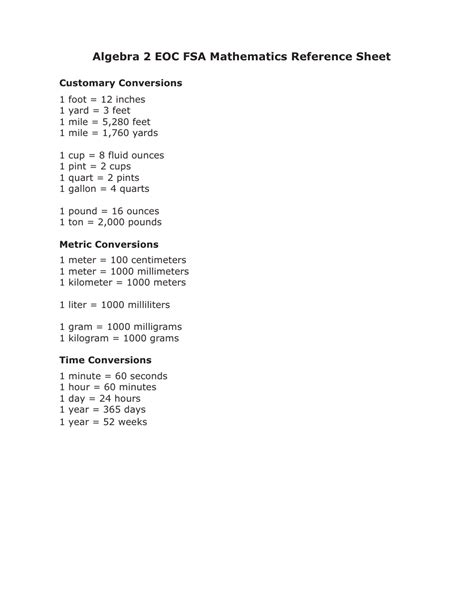 algebra 2 honors reference sheet florida PDF