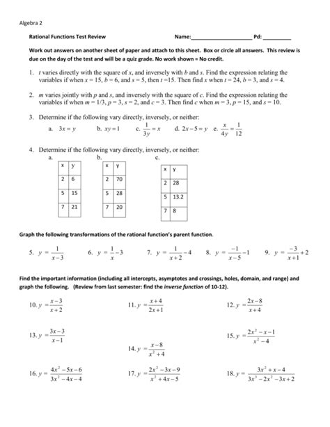 algebra 2 rational functions test answers PDF
