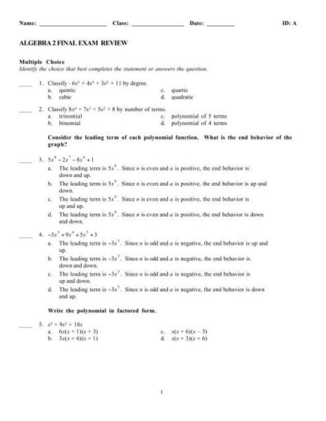 algebra 2 semester 2 short answer Reader