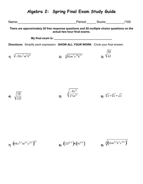 algebra 2 spring final id b answers PDF