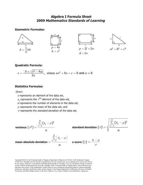 algebra i formula sheet 2009 mathematics standards of learning Reader