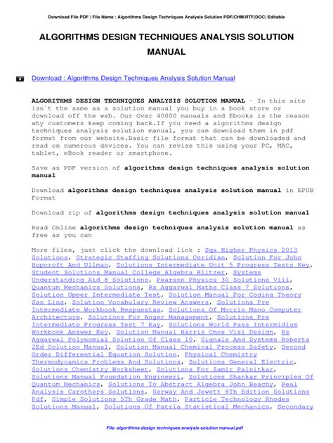 algorithms design techniques analysis solution manual Reader