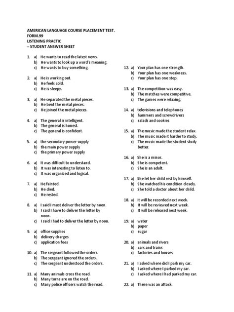 american language course placement test answer booklet PDF