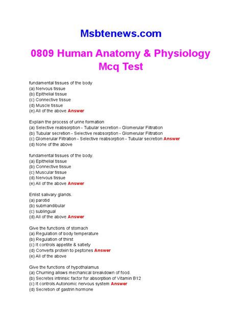 anatomy and physiology mcq with answers Epub