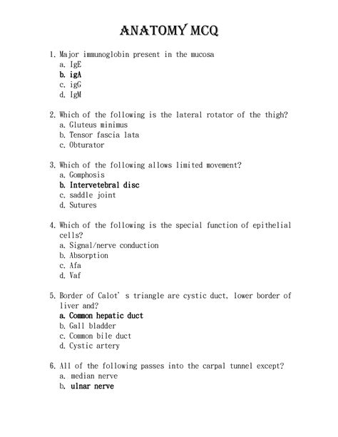 anatomy mcq questions and answers PDF